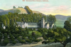 A vintage postcard illustration of the Claremont Hotel in Berkeley, California. The grand hotel is nestled among trees with rolling hills in the background. The scene includes a water tower and depicts a tranquil, rustic setting.