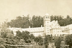 A vintage photograph of the Claremont Hotel in Berkeley, California. The grand white building features a central tower with a peaked roof, surrounded by lush trees and palm trees in the foreground. The image is in sepia tones.