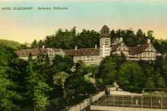 Vintage postcard depicting the Claremont Hotel in Berkeley, California, surrounded by lush greenery. The grand historic hotel features a distinctive central tower. In the foreground, there is a clear view of tennis courts.
