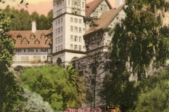 A vintage postcard depicts the Claremont Hotel in Berkeley, California. The grand building features a tall tower and intricate architecture, surrounded by lush greenery and colorful flowering shrubs against a clear sky.