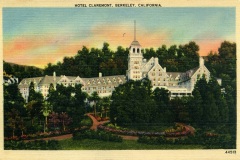 Vintage postcard showing Hotel Claremont in Berkeley, California. The large historic hotel is surrounded by lush greenery and a winding path, set against a colorful sky.