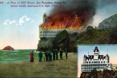 A vintage postcard captures San Francisco’s iconic Cliff House on fire in 1907, with flames and smoke engulfing the landmark as people watch from the shore. An inset reveals the historic Cliff House before the blaze.