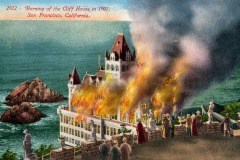 Vintage postcard shows the Cliff House in San Francisco engulfed in flames in 1907, smoke billowing over the ocean as onlookers gather at a stone viewpoint to watch the dramatic scene.