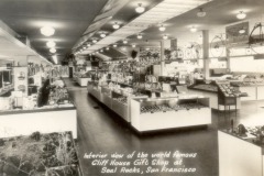 Vintage black-and-white photo of the spacious Cliff House Gift Shop in San Francisco, with display counters filled with various merchandise and shelves lining the walls. Text at bottom reads: “Cliff House Gift Shop at Seal Rocks, San Francisco.”.