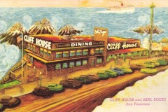 Vintage illustration of the Cliff House in San Francisco by the ocean, with parked cars out front, Seal Rocks offshore, and a ship sailing in the distance. Text reads Cliff House and Seal Rocks, San Francisco.