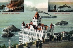 A vintage postcard of San Francisco’s Cliff House, showing the grand multi-story seaside building. Insets depict the Cliff House burning and in ruins, with people observing and the ocean in the background.