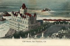 A vintage illustration of the Cliff House in San Francisco, a grand, multi-story Victorian building with red roofs perched on a rocky coastline, surrounded by the ocean and statues in a garden.