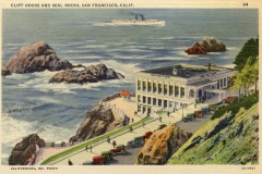 Vintage illustration of San Francisco’s iconic Cliff House and Seal Rocks, featuring a large white building by the ocean, classic cars parked nearby, a rocky coastline, and a steamship in the background.