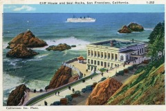 Vintage illustration of the Cliff House overlooking Seal Rocks in San Francisco, with cars parked along the road, people strolling, waves crashing below, and a large ship sailing in the background.