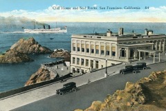 Vintage postcard illustration of San Francisco’s iconic Cliff House overlooking Seal Rocks, with early automobiles parked out front and a large ship sailing in the ocean nearby.