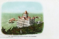 Vintage illustration of the Cliff House, a grand Victorian-style building perched above the ocean in San Francisco, with dramatic rocks and crashing waves below.