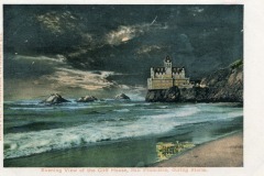 A vintage illustration shows the Cliff House perched on a rocky bluff above stormy waves under a cloudy, moonlit sky in San Francisco. Text below reads: Evening View of the Cliff House, San Francisco, during Storm.
