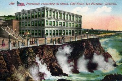Vintage postcard showing the Cliff House, an iconic San Francisco landmark perched on a cliff above the ocean, with people strolling along a sunset-lit promenade.