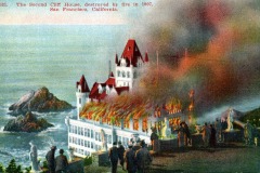 A historic illustration captures the Cliff House in San Francisco engulfed in flames in 1907, with smoke billowing as people watch from a distance. The ocean and rocky cliffs form a dramatic backdrop.