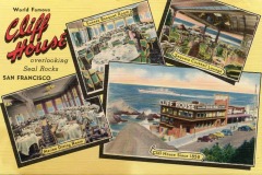 Vintage postcard featuring the iconic Cliff House in San Francisco, with four labeled images: Sunset Banquet Room, Sequoia Cocktail Lounge, Marine Dining Room, and an exterior view of the ocean and Seal Rocks.