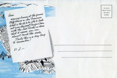 An illustrated postcard shows a handwritten note about dining at the iconic Cliff House in San Francisco, with sketches of cliffs, the ocean, and the building. There are spaces for an address and a postage stamp on the right.