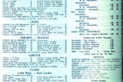 A vintage menu displaying a variety of items including cocktails, relishes, soups, salads, crabs, shrimps, prawns, lobster, clams, and oysters. The right side lists wines, desserts, and several beverage options. Prices are listed alongside.