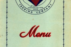 Vintage menu cover for Fishermens Char Marine Trading Company featuring a sailor illustration and logo, with text Oaklands Sea Food Center and Foot of Franklin Street. Menu items include clam chowder, priced at 20 cents to eat, 25 cents to take home.