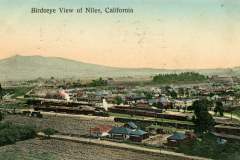 A vintage postcard showing an elevated view of Niles, California, featuring a train with steam near the tracks, surrounded by houses, fields, and trees. A mountain range is visible in the hazy background under a clear sky.