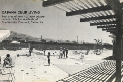 Vintage image of a pool area with children and adults near lounge chairs. A pergola casts shadows on the ground. Text reads, Cabana Club Living in Fremont, Californias Starlite Hills.