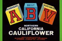 Colorful vintage label with Alvarados Best Vegetables on cubes spelling ABV. Text reads Northern California Cauliflower, with details on being grown and shipped by Alvarado Vegetable Growers, Alameda Co., California. Background is green.