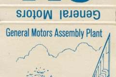 A vintage matchbook cover featuring General Motors printed upside down in blue. Below, an illustration of a tree and a building labeled General Motors Assembly Plant, Fremont, California, with instructions to close cover before striking.