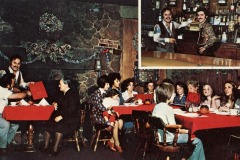 Spin A Yarn, Warm Springs Blvd. Fremont, California. A large group of people sit around a dining table adorned with red tablecloths, engaged in conversation and looking at menus. A stone fireplace with festive decor is visible. Inset shows two people behind a bar, smiling.