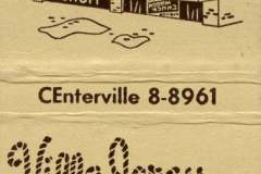 Vintage matchbook cover for Villa Jersey Chuck Wagon with an illustrated storefront, a sign for Hunting Equipment, contact CEnterville 8-8961, and address at 153 S. Main, Fremont, Calif.