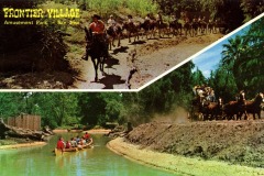 A vintage postcard shows riders on horseback and a horse-drawn stagecoach on dirt trails, with a canoe gliding down a river at Frontier Village in San Jose, California, all surrounded by lush trees.