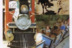 Colorful flyer for Frontier Village Amusement Park in San Jose, California, promoting rides, shows, costumed Hanna-Barbera characters, and fun activities—featuring images of a train, horseback riders, a carousel, and cartoon characters with balloons.