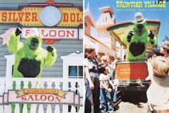 Split image: Left, a person in a green gorilla costume stands on a balcony labeled Silver Dollar Saloon. Right, the same character entertains children near a trolley at Frontier Village amusement park in San Jose, California.
