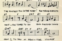Handwritten sheet music titled Frontier Village Song, with lyrics and chords. The lyrics celebrate excitement and fun at San Joses Frontier Village—notes at the bottom encourage you to play it! sing it!.