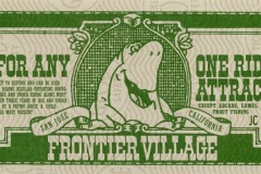 A green and white vintage-style ticket from Frontier Village in San Jose, California, reads “Good for any one ride or attraction,” featuring a cartoon horse illustration and serial number JC 58247.