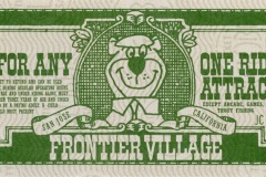 A vintage green and white ticket from Frontier Village in San Jose, California, offering one ride or attraction. The ticket features a cartoon sheriff and the serial number 58247 in red.