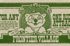 A green ticket from Frontier Village in San Jose, California, featuring a cartoon bear mascot in the center and text stating it is good for one ride or attraction, with unique serial number 58247 in red.