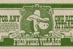 A vintage green ticket from Frontier Village in San Jose, California, good for one ride or attraction. It features a cartoon cowboy hat and bandana, with a red serial number (58247) printed on it.