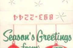 An old matchbook cover with Seasons Greetings from above illustrated ornaments with faces labeled Andy, Mike, and Tony. A wreath and reindeer are above with Since 1936 and Civic, Oakland, California printed in red and green.
