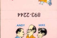 Illustration of three men, Andy, Tony, and Mike, standing below a pelican. The background includes red and blue text reading, Jack London Squares Original Fishermans Pier. The words Since 1936 appear above.
