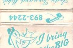 Matchbook cover from Grotto in Oakland, California, June 1986. Features a cartoon bird saying, I bring all the BIG ones to the Grotto and includes a phone number, 893-2244. Advertises Jack London Square’s Original Fishermans Pier.