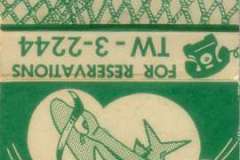 A vintage matchbook cover from Oakland Seafood Grotto at Fishermans Pier in Jack London Square. It features a cartoon fish wearing a hat and smoking a pipe, with reservation phone number TW-3-2244. Produced by The Ohio Match Co.
