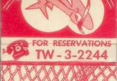 Vintage matchbook cover for Oakland Seafood Grotto, featuring a pelican, fishing net, and a telephone illustration with the number TW-3-2244 for reservations. Text includes address: Jack London Square and Fishermans Pier.