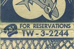 Vintage matchbook cover for Jack London Squares Oakland Seafood Grotto, featuring illustrations of fish on a hook and fishing nets. Includes text for reservations: TW-3-2244.