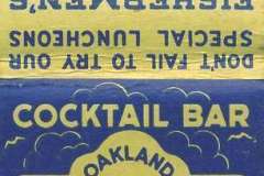 Vintage matchbook cover featuring Fishermens Punch with a fish illustration, and advertising Cocktail Bar Sea Food Grotto in Oakland, California. The design includes a small building with windows and decorative text in blue and yellow.