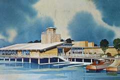 A stylized illustration of a retro waterfront building labeled Porto, featuring a pavilion with surrounding water. Small boats are docked nearby. The sky is a mix of blue and white, creating a vintage, serene atmosphere.