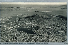 A vintage aerial view of the Oakland area in California, featuring Lake Merritt prominently in the foreground and a detailed cityscape. In the distance, the San Francisco-Oakland Bay Bridge and Golden Gate Bridge are visible.