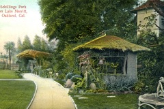 A vintage postcard of Schillings Park, Lake Merritt, Oakland, California, featuring a winding path with lush greenery, a thatched gazebo, and an arbor. Trees and a manicured lawn surround the serene setting.