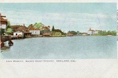 Vintage postcard depicting Lake Merritt in Oakland, California, with the Sacred Heart Convent in the background. The scenic view shows a large body of water bordered by trees and buildings under a clear sky.