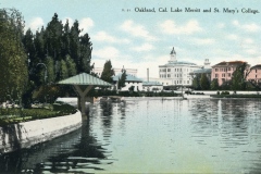 Vintage postcard depicting Lake Merritt in Oakland, California. The image features calm waters, a small pavilion on the left, and historic buildings including St. Marys College in the background, framed by trees under a blue sky.