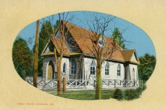 A vintage illustration of Grace Church in Livermore, California. The white, wooden church features a steep red roof, arched windows, and a picket fence. Leafless trees are visible around the building.