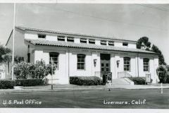 Black and white photo of Livermore, California U.S. Post Office building in Livermore, California. It has a flat roof, arched windows, and a flagpole. Bushes and trees surround the structure. The words U.S. Post Office are printed in the lower-left corner.
